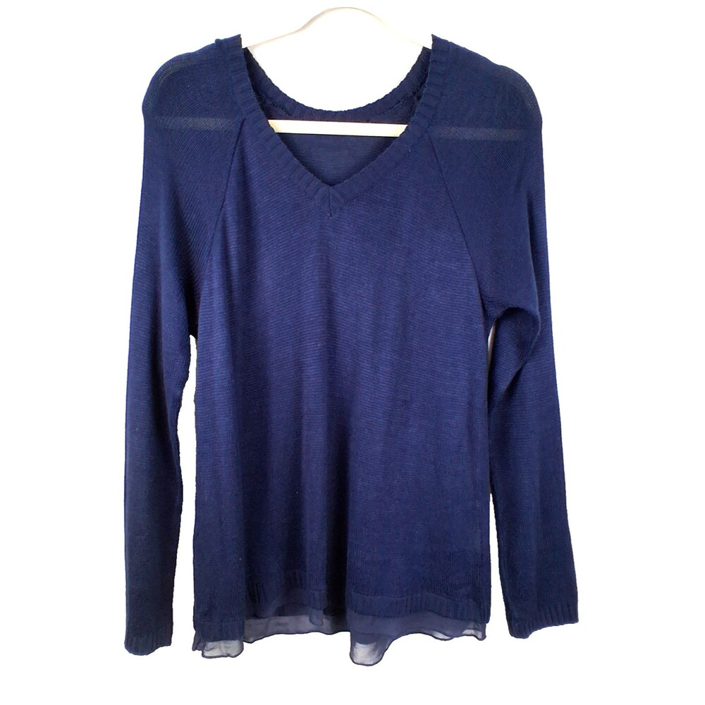Chan Luu Loose Knit Sweater Chiffon Hem Layered V-Neck Long Sleeve Blue Size S